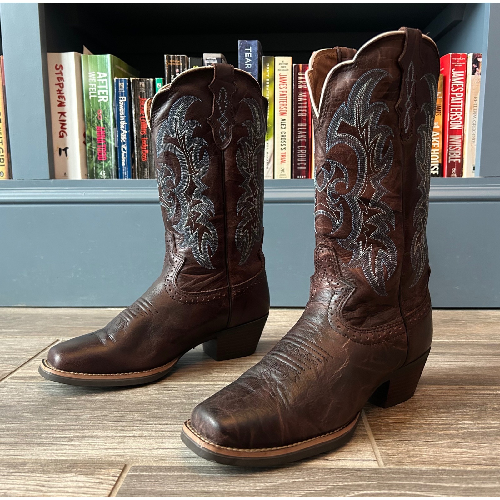 Justin Boots Silver Collection Dark Brown Blue Stitch Western Boots Svl7316 8.5b